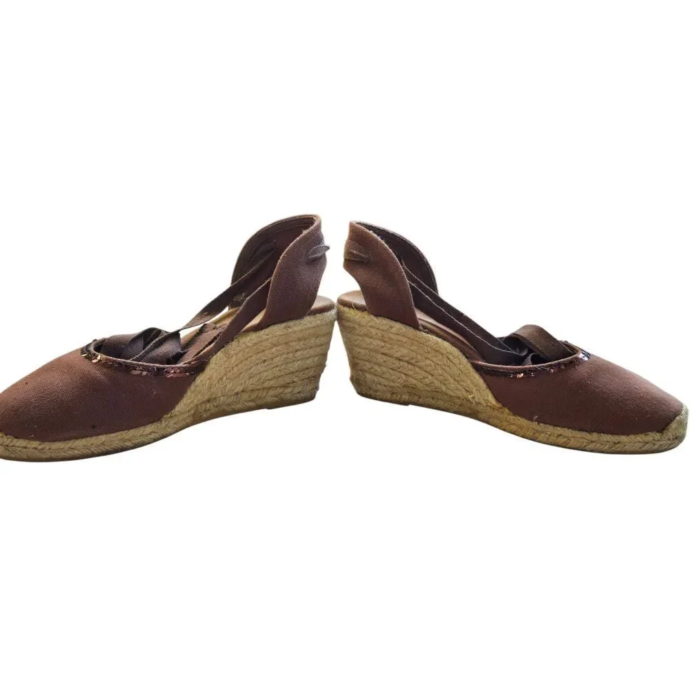 Women's Size 7 Brown With Sequins Tie Up Espadrille